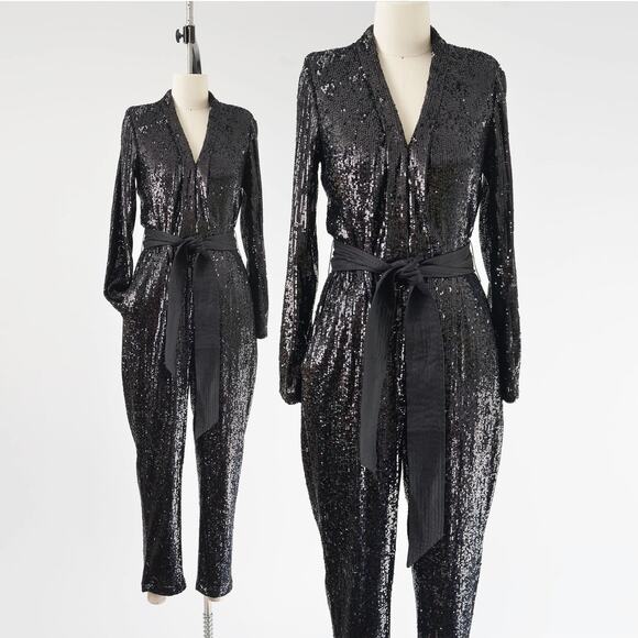 Express Black Sequin Long Sleeve Jumpsuit with Tie Belt and Pockets size S - Picture 1 of 9